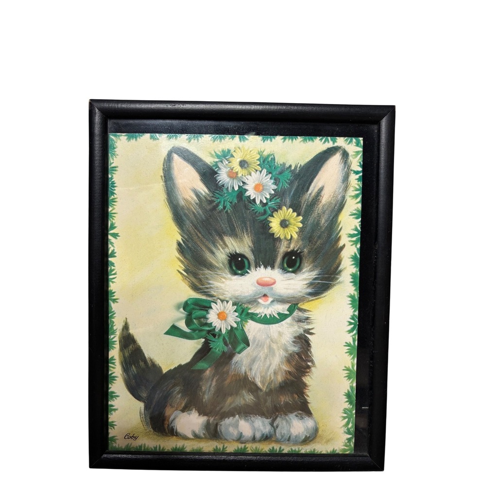Coby Kitten Art Print 8.5x10.5 Black Vintage Big Eye Daisy Cat Framed